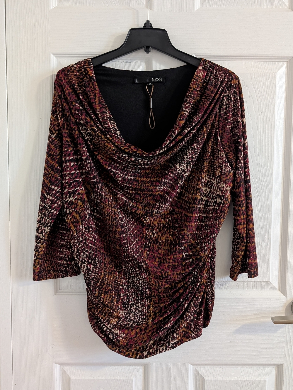 NESS Melanie Lyne Abstract Pebbled Print Cowl Neck Ruched Top 3/4 Sleeve Chic XL